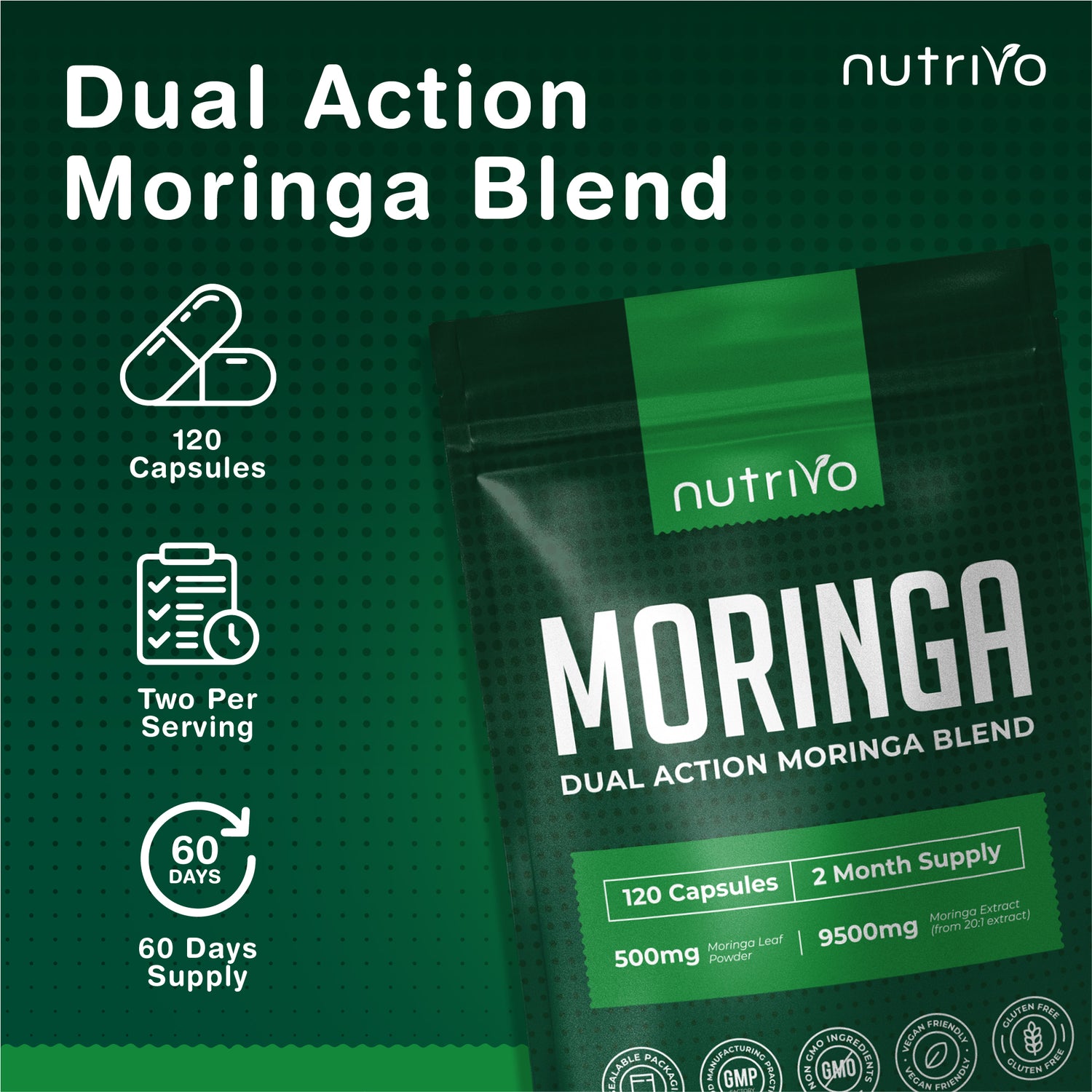 Moringa Leaf Capsules | Dual Action Supplement - Powder and Moringa Leaf Extract | 120 Capsules - 2 Per Serving | 2 Months Supply | No Filler &amp; No Binders | UK Made