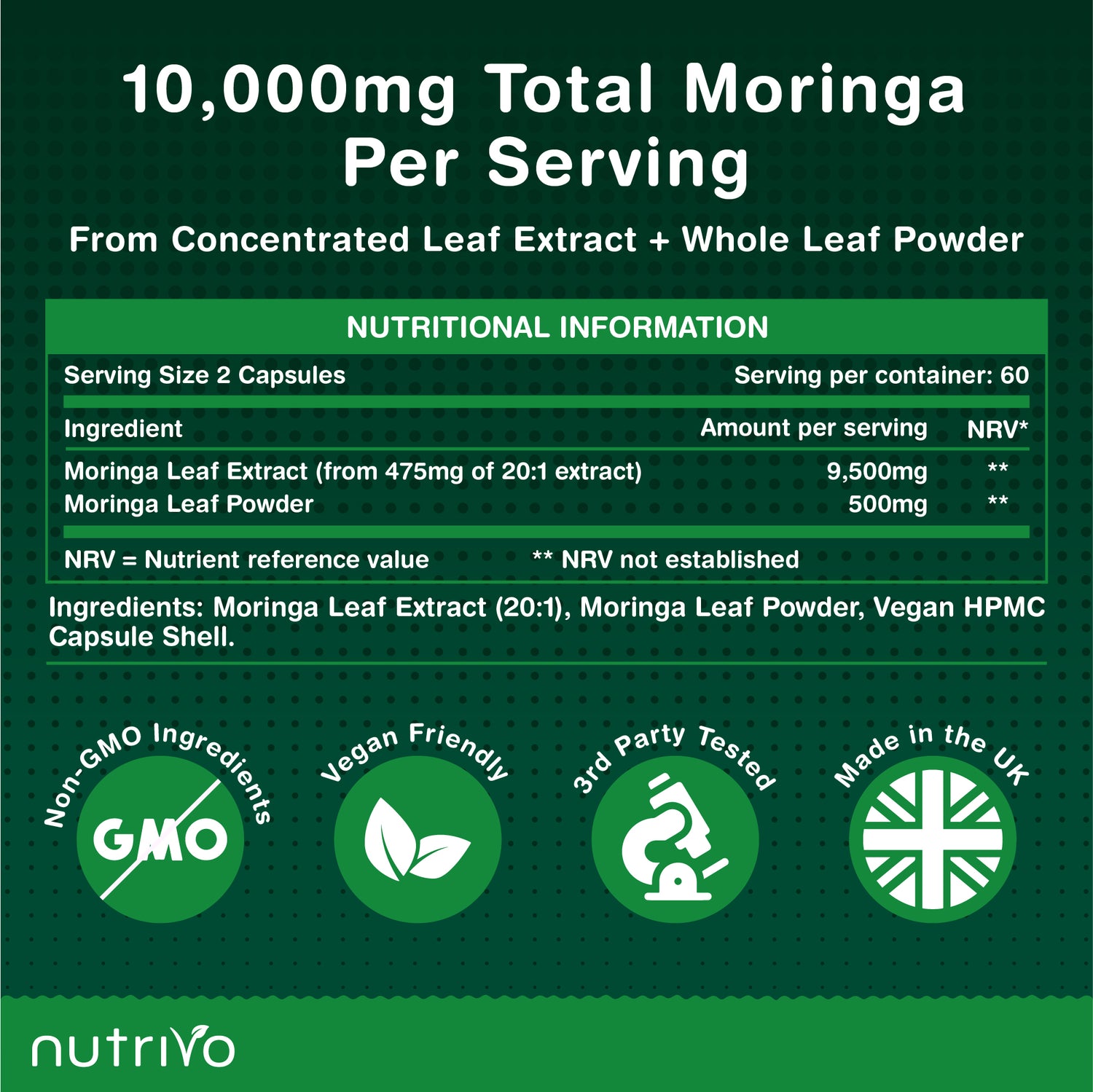 Moringa Leaf Capsules | Dual Action Supplement - Powder and Moringa Leaf Extract | 120 Capsules - 2 Per Serving | 2 Months Supply | No Filler &amp; No Binders | UK Made