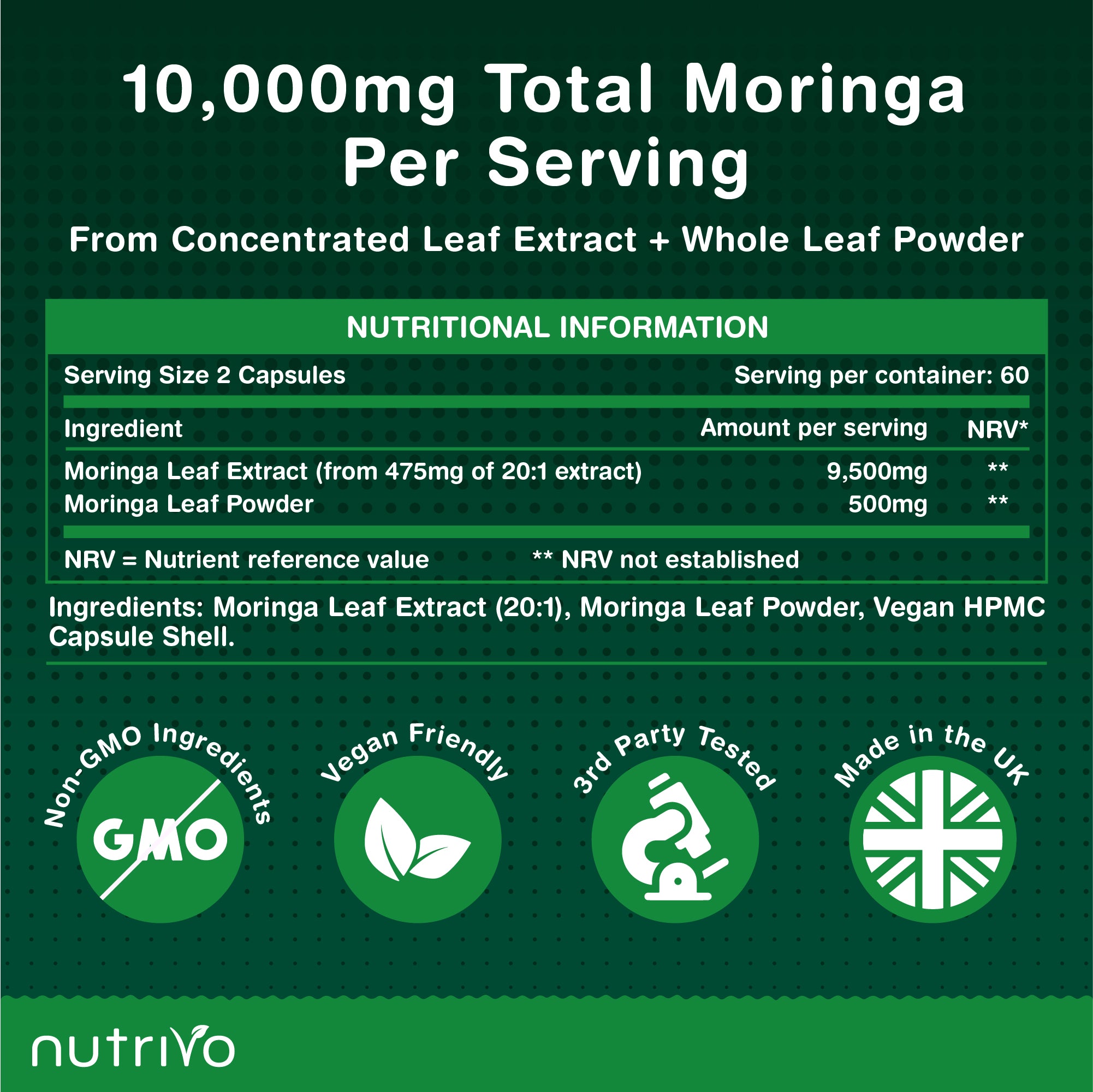Moringa Leaf Capsules | Dual Action Supplement - Powder and Moringa Leaf Extract | 120 Capsules - 2 Per Serving | 2 Months Supply | No Filler &amp; No Binders | UK Made