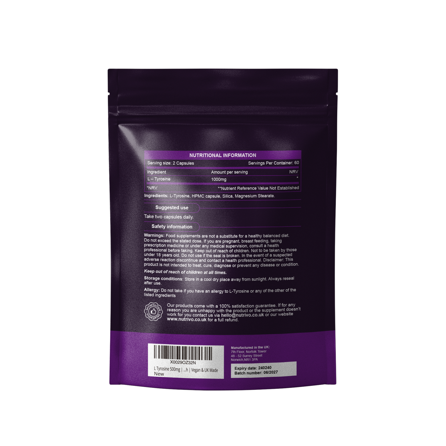L-Tyrosine 1000mg Per Serving | 120 Capsules Per Pouch | 2 Month Supply