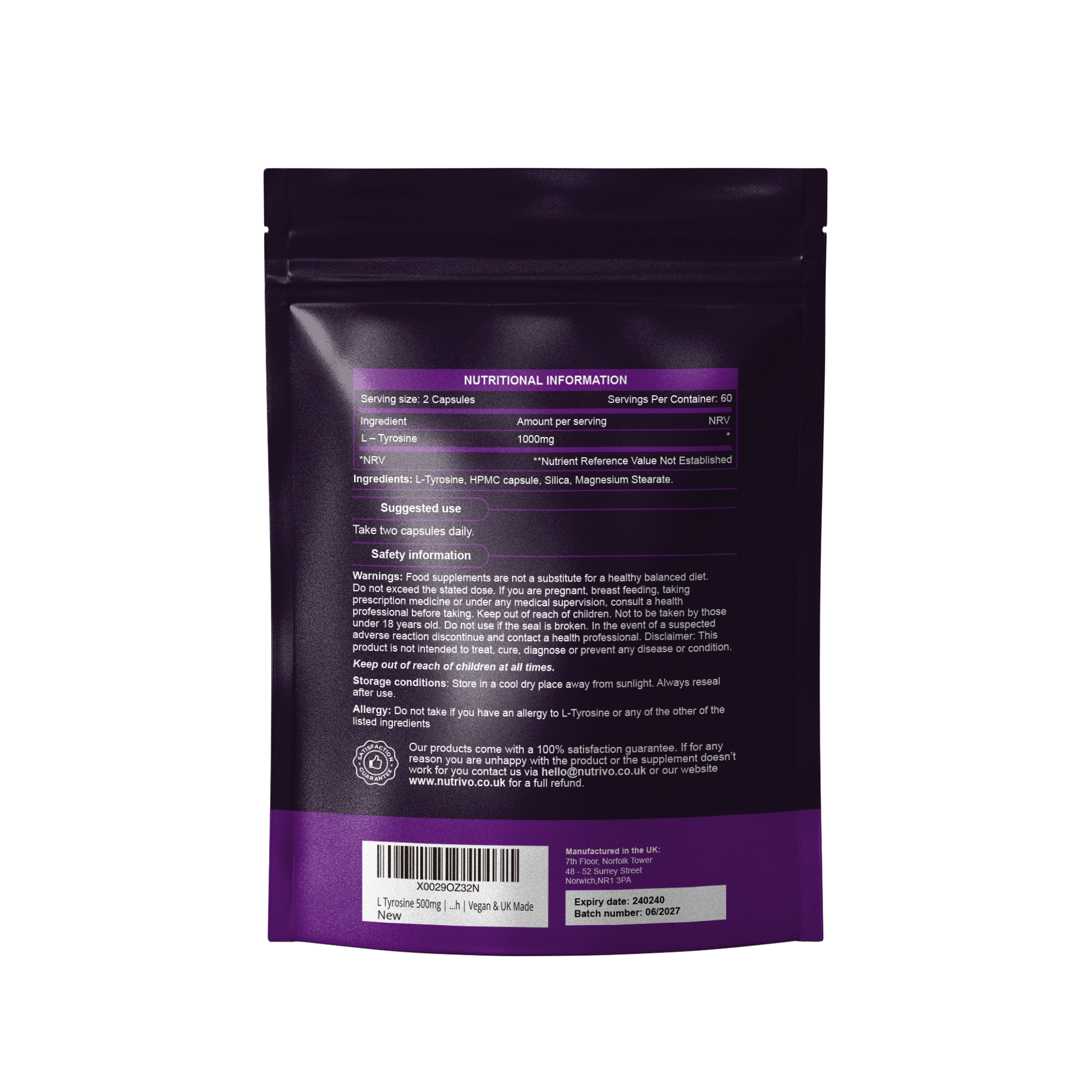 L-Tyrosine 1000mg Per Serving | 120 Capsules Per Pouch | 2 Month Supply
