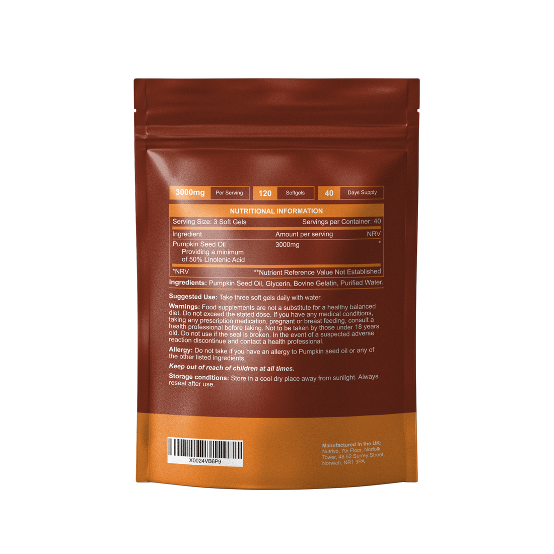 Pumpkin Seed Oil Capsules | 120 Capsules Per Pouch | Cold Pressed