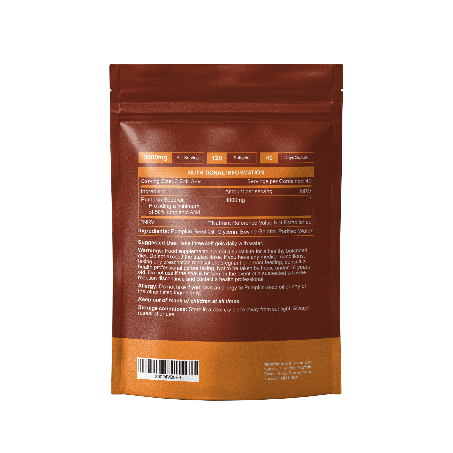 Pumpkin Seed Oil Capsules | 120 Capsules Per Pouch | Cold Pressed