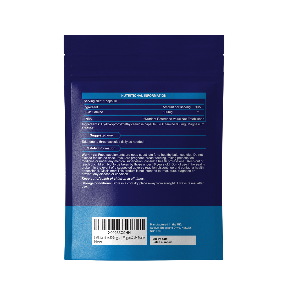 L-Glutamine 800mg Capsules | 90 Capsules Per Pouch | L-Glutamine Nutritional Supplements | Supports Muscle and Gut Health | Good Alternative to Powder and Tablets | Vegan & UK Made