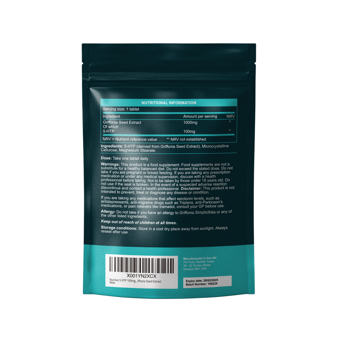 Nutrivo 5HTP Tablets - 90 Tablets Per Pack | 5HTP High Strength 1000mg Supplement | One A Day - 3 Months Supply | from Griffonia Seed Extract | Vegan & UK Made