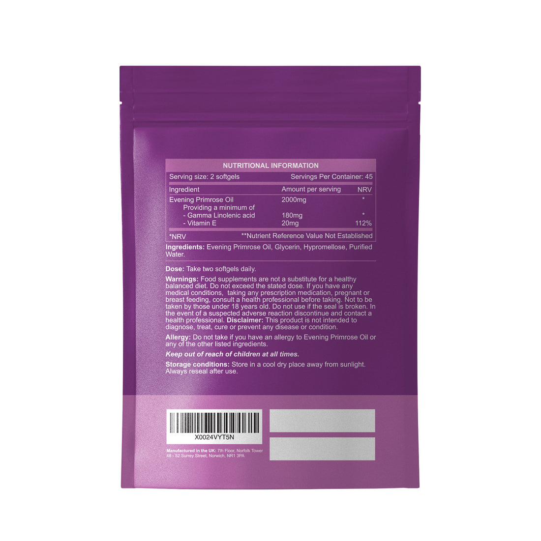 Evening Primrose Oil 1000mg (2000mg Per 2 Capsule Serving) | 90 Capsules Per Pouch | High Strength &amp; High GLA (Omega 6) Content | Cold Pressed | UK Made
