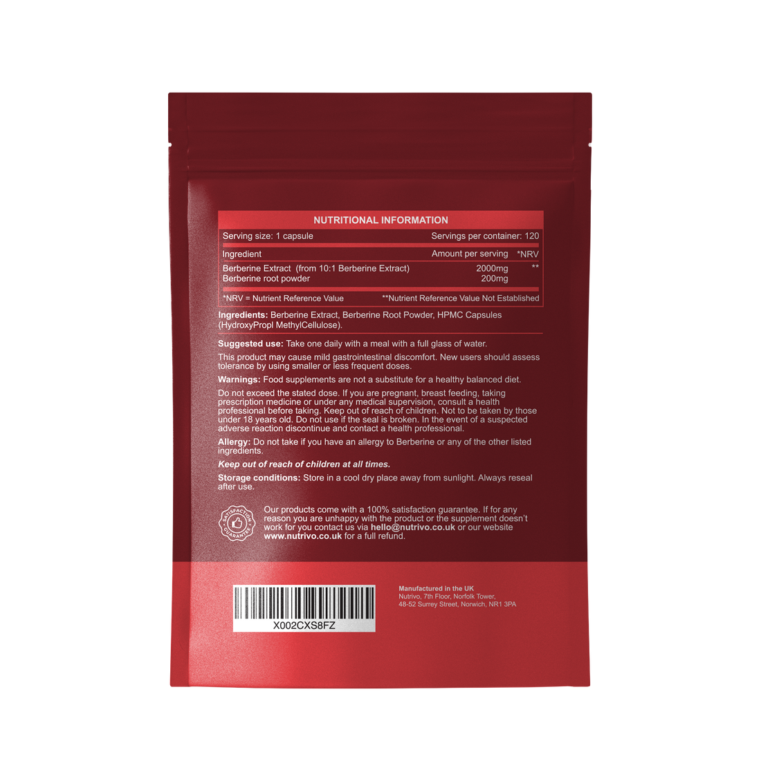 Berberine 2000mg Capsules from 200mg of 10:1 Berberine Extract | 120 Capsules - One A Day | 4 Months Supply