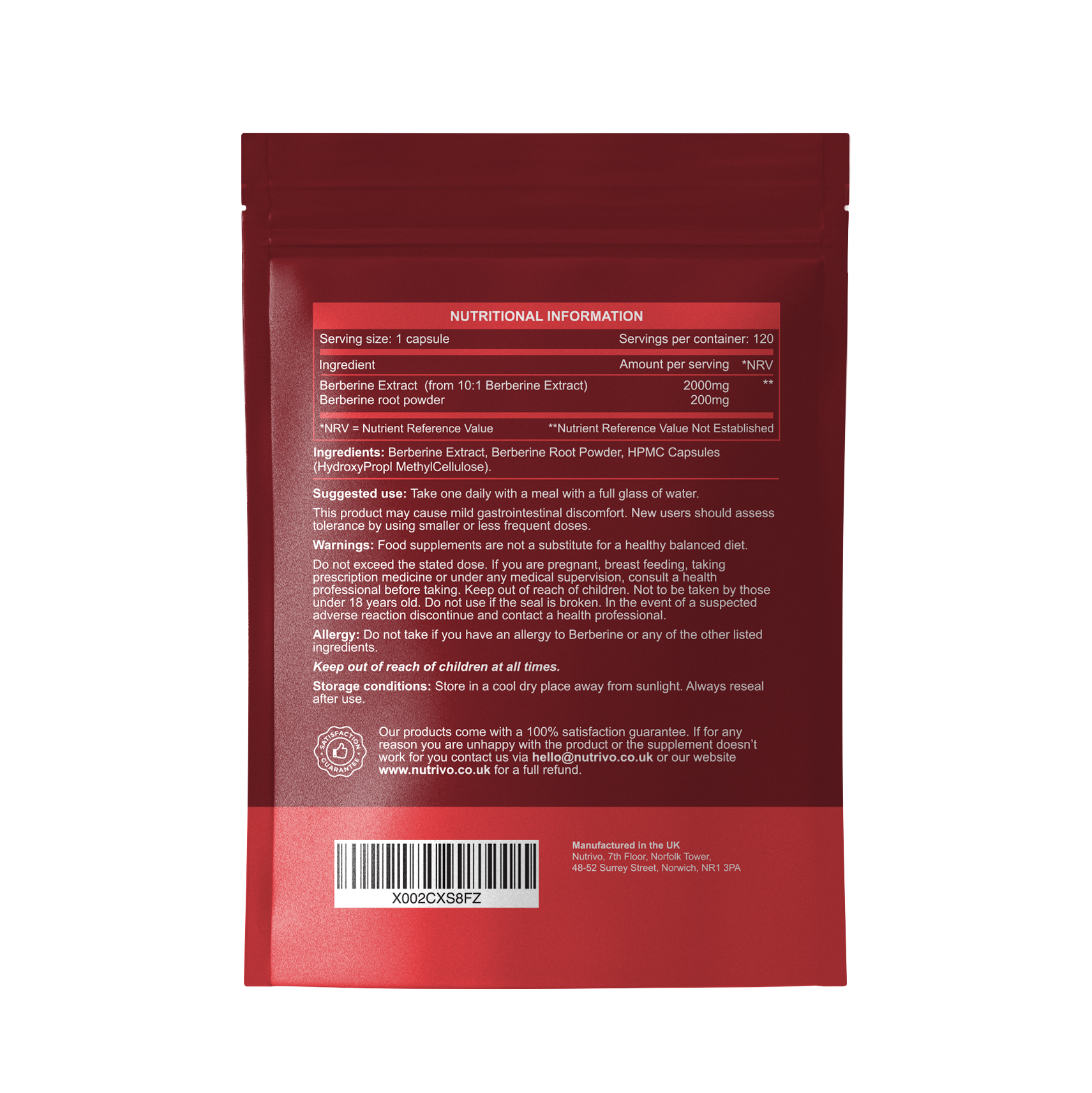 Berberine 2000mg Capsules from 200mg of 10:1 Berberine Extract | 120 Capsules - One A Day | 4 Months Supply