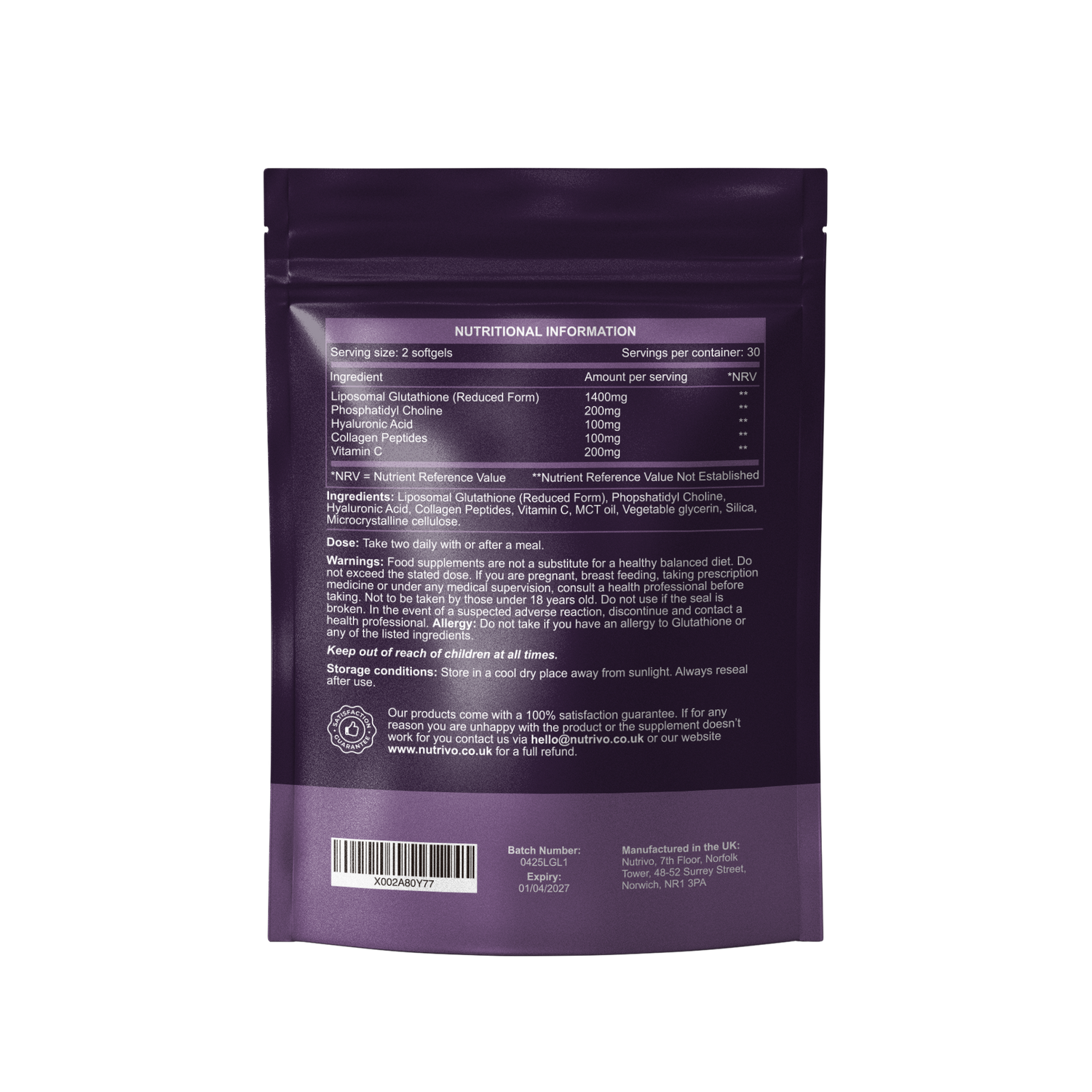 Liposomal Glutathione Supplement - 2000mg Complex Per Serving With Vit Nutrivo Liposomal Glutathione Supplement - 2000mg Complex Per Serving With Vit Nutrivo