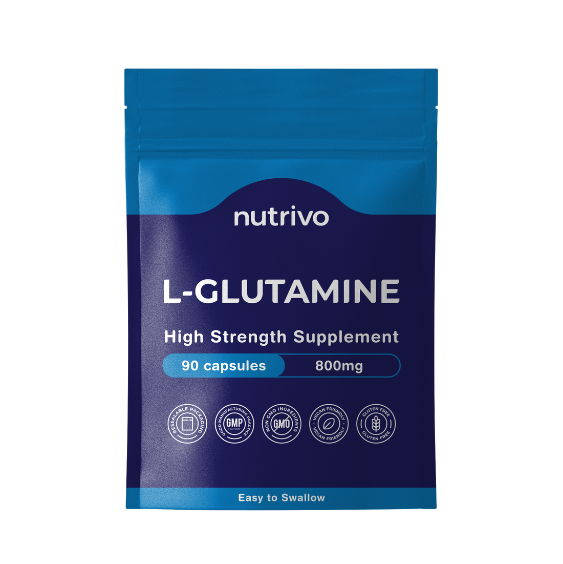 L-Glutamine 800mg Capsules | 90 Capsules Per Pouch | L-Glutamine Nutritional Supplements | Supports Muscle and Gut Health | Good Alternative to Powder and Tablets | Vegan & UK Made