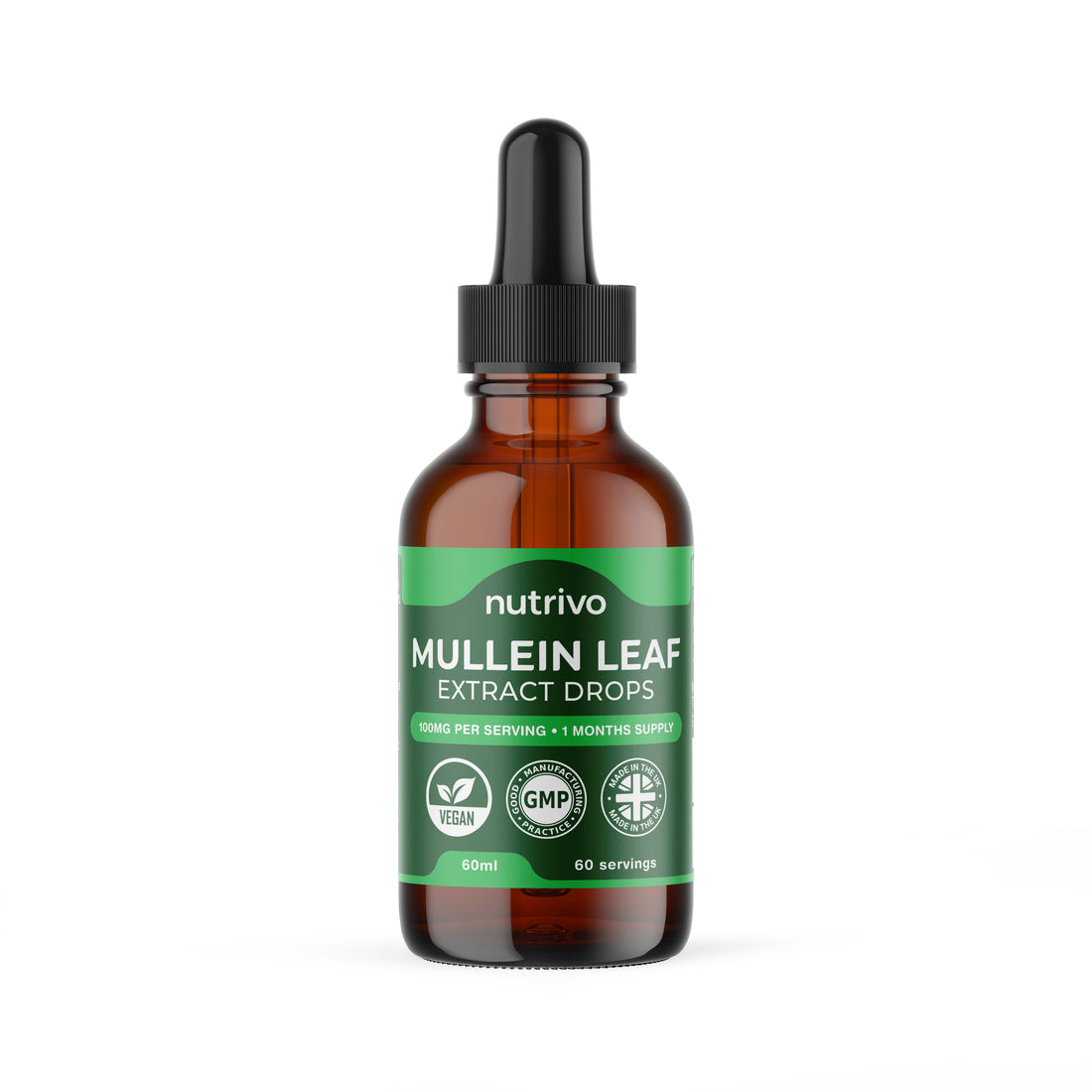 Nutrivo Mullein Leaf Extract for Lungs | Mullein Drops - 60ml Bottle | Lung Detox, Cleanse & Mucus Relief | Vegan & UK Made Mullein Leaf